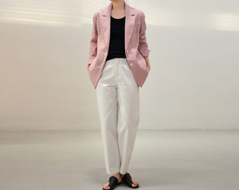 W106---Pink Women's Linen Blazer with Pockets, Classic Linen Jacket, Linen Suit Jacket, Fitted Silhouette Linen Blazer, Formal Linen Jacket