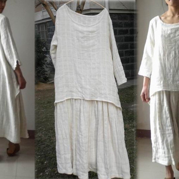 031---Layers Jacquard Cotton Maxi Tunic Dress. Three-Quater Length Sleeve White Dress, Red Dress, Brown Dress, Purple Dress- Custom Made.