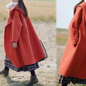 437-Women&#39;s Heavy Weight Bouclé  Sorcerer  Hooded Coat, Orange Wool Hooded Coat,  Supersized Coat, Oversized Coat,  Witchy Coat.