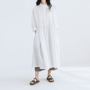 G099---High Counted Linen Pintucked Shirt Dress / Shirtdress in White Color, with Ruffle Trimming Collar, Made to Order.