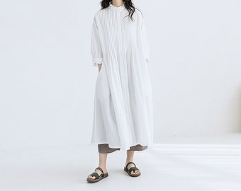 G099---High Counted Linen Pintucked Shirt Dress / Shirtdress in White Color, with Ruffle Trimming Collar, Made to Order.