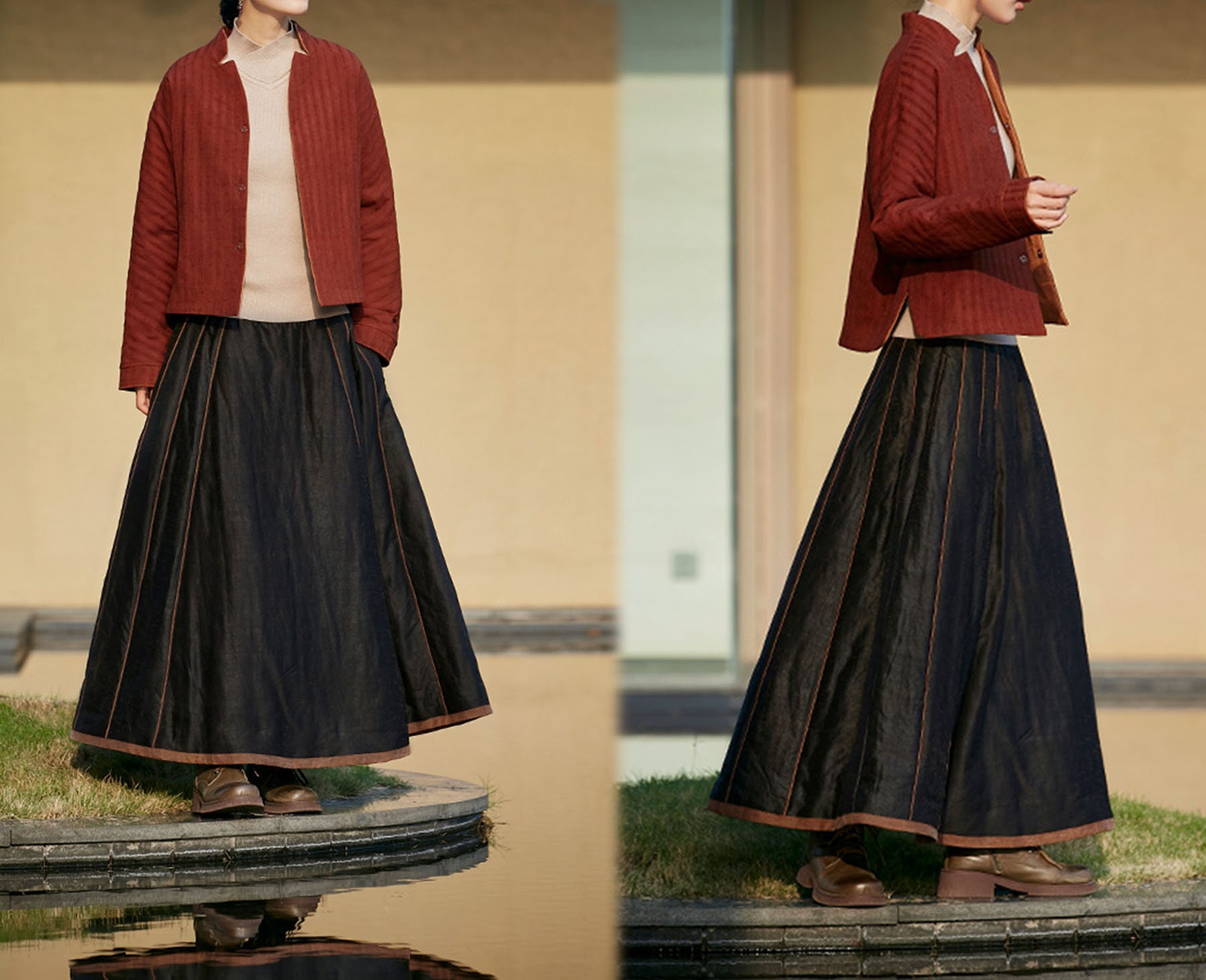 L008---women's Cracked Mud Silk Padded Chinese Mamianqun Pleated