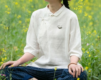 E037---Women's Washed Linen Modified Qipao Top in Off White Color, Made to Order.