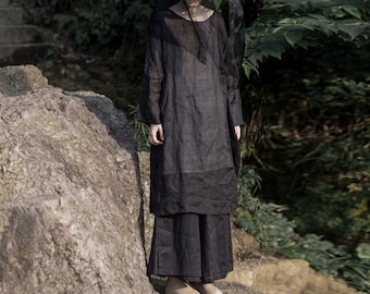 P101---High Counted Ramie Tunic Top, (Excluding Innner Slip), Black Tunic Dress, Zen Clothing, One Size Fits All, Plus Size Clothing.