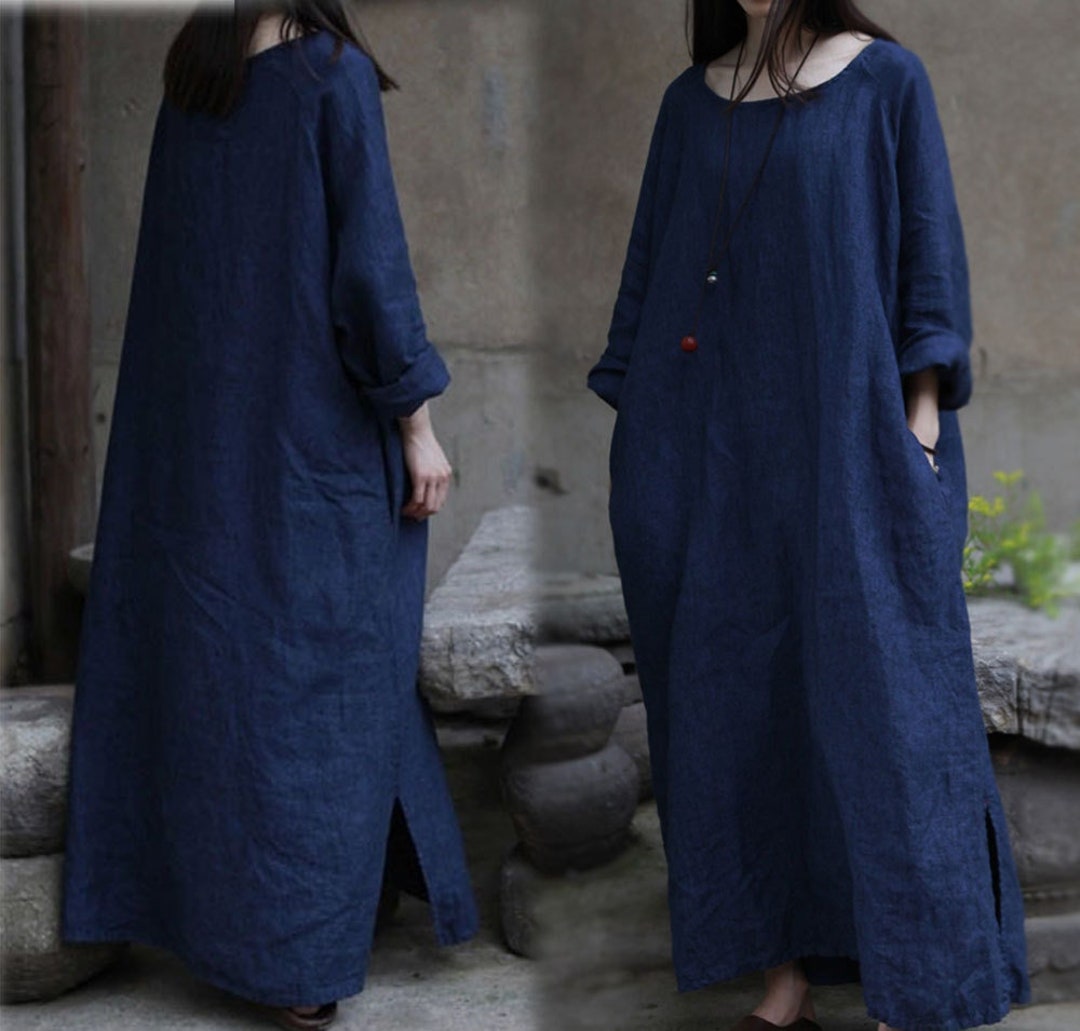 191washed Linen Oversize Blue Dress Blue Long Dress - Etsy