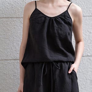 Q714---Black Washed Linen Camisole Top, Gathered Spaghetti Strap Linen Top, Made to Order.