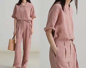 C055---Camisa cuadrada de lino en rosa polvoriento, blusa extragrande de lino, camisa con botones de lino, chaqueta camisera de lino, hecha a pedido.