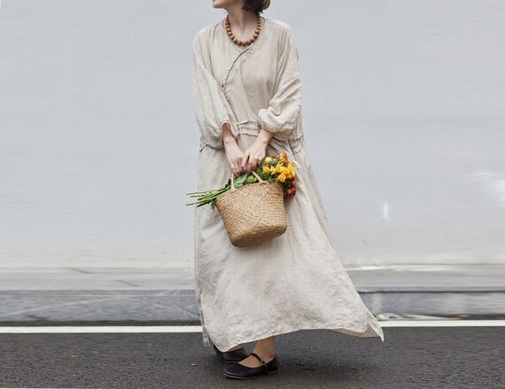 D211---High Count Flax Linen Dress, (Including Inner Slip), Low-waist Linen Dress, Made to Order.