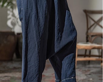 W134---loose Drop Crotch Heavy Weight Linen Harem Pants, Sarouel
