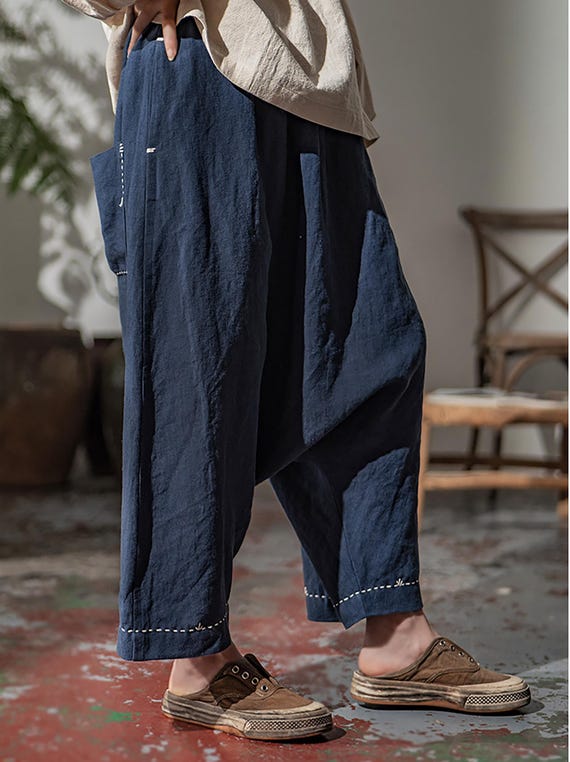 W134---loose Drop Crotch Heavy Weight Linen Harem Pants, Sarouel