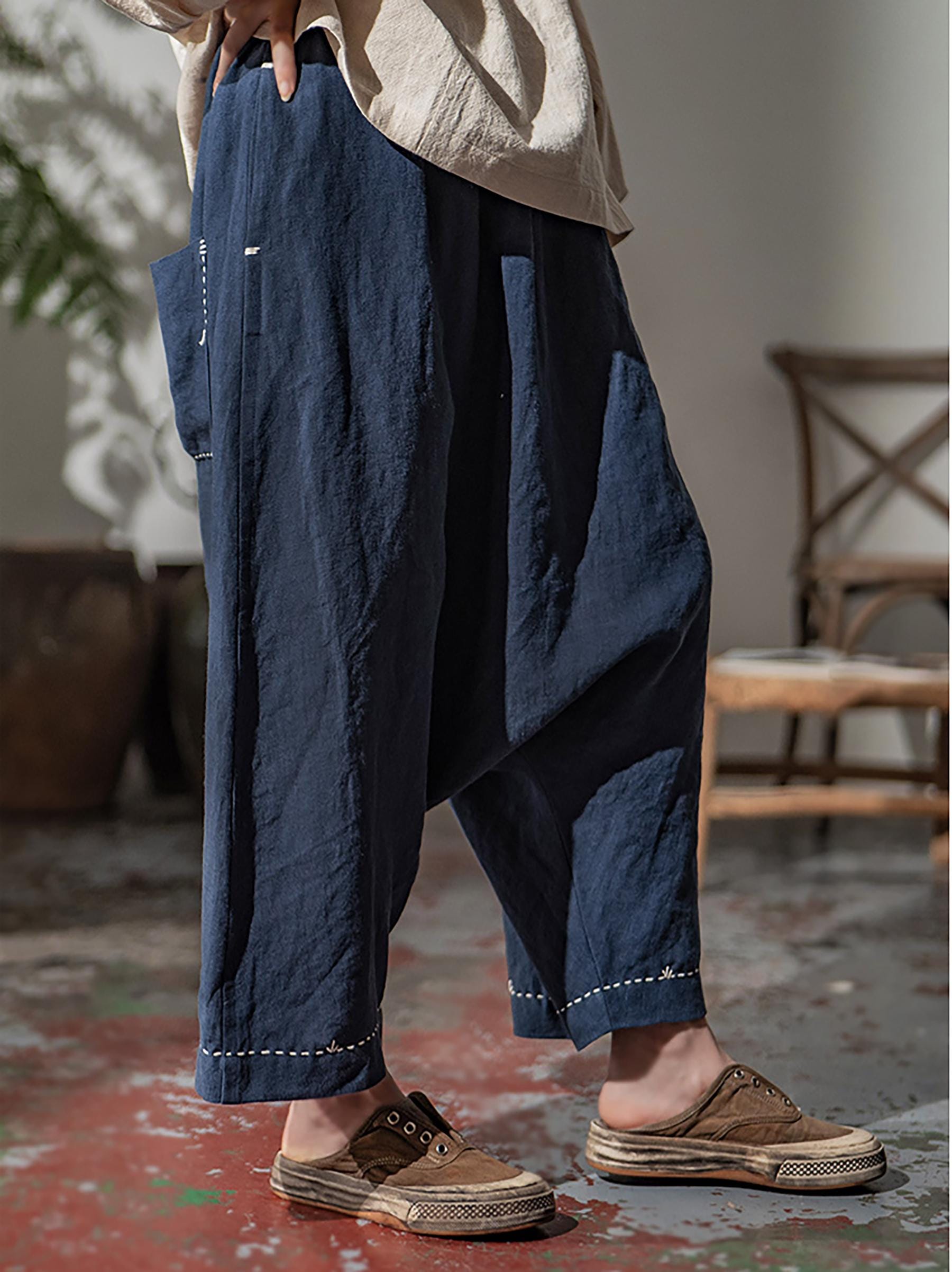 W134---loose Drop Crotch Heavy Weight Linen Harem Pants, Sarouel