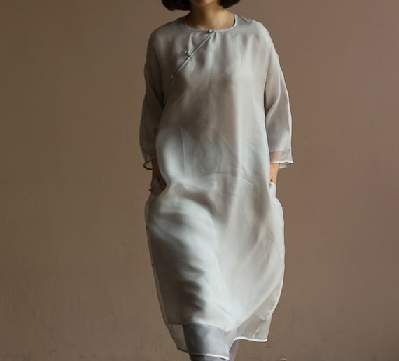 F021---Modified Silk Organza Cheongsam Dress, Tunic Qipao Dress, Wedding, Party Dress, Gray Zen Clothing, Made to Order.