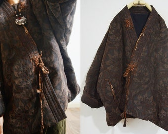 X035---Women's Mud Tussah Silk Jacquard Goose Down Hanfu Coat, Puffy Down Coat, Chinese Mud Silk Hanfu Down Coat, Made to Order.