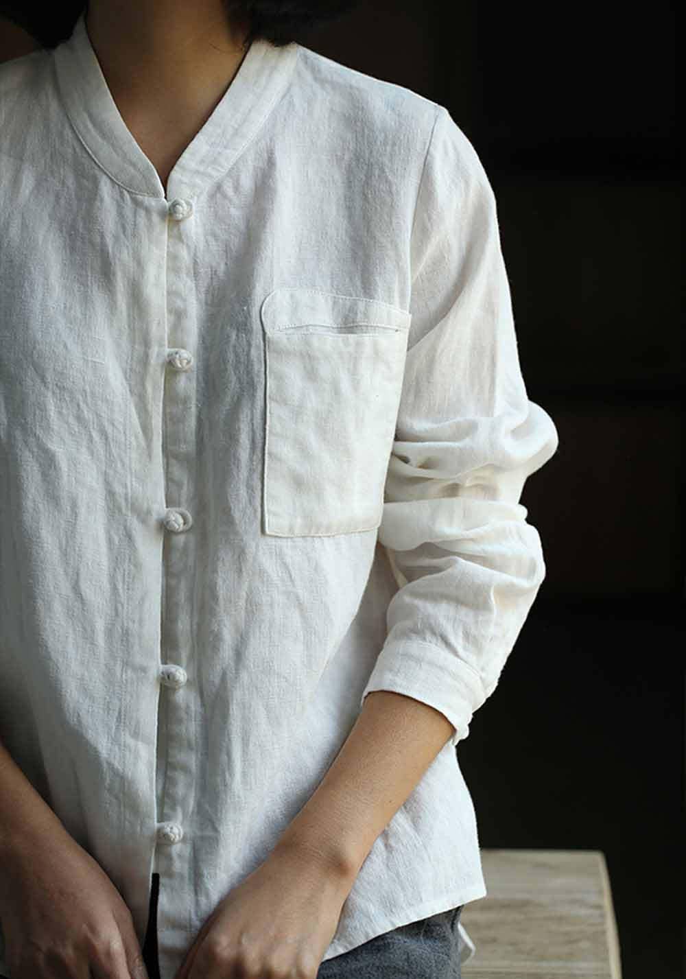754---linen Shirt, Women's Stand Collar off White Loose