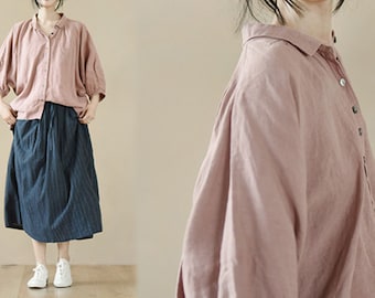 B03---Washed Linen Shirt / Top, Pink Blouse, Spring, Blue Fall Button Down Shirt, Work Shirt, Oversized Blouse,