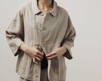 N313---Women's Loose Linen Short Jacket, Linen Spring Jacket, Linen Fall Outerwear, Petite Linen Top, Made to Order.