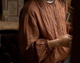 O108---Linen Pintuck Blouse / Buttoned Blouse / Women Blouse / Linen Top Plus Size / Linen Blouse for Women / Linen Summer Blouse