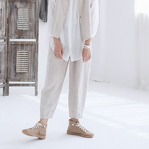 G083Flax Linen Pants with Pintuck at Waist, Tapered Pants, Victorian Linen Trousers, Made to Order. image 6
