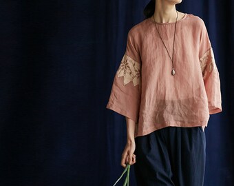 E012---Pink Ramie Tee / Top / T-shirt / Blouse, Decored with Toned Dupioni Hand-sewn Applique', Made to Order.