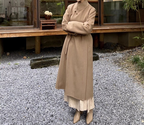 W075---キャメル両面ウールネオチャイナスタイルコート、レディース