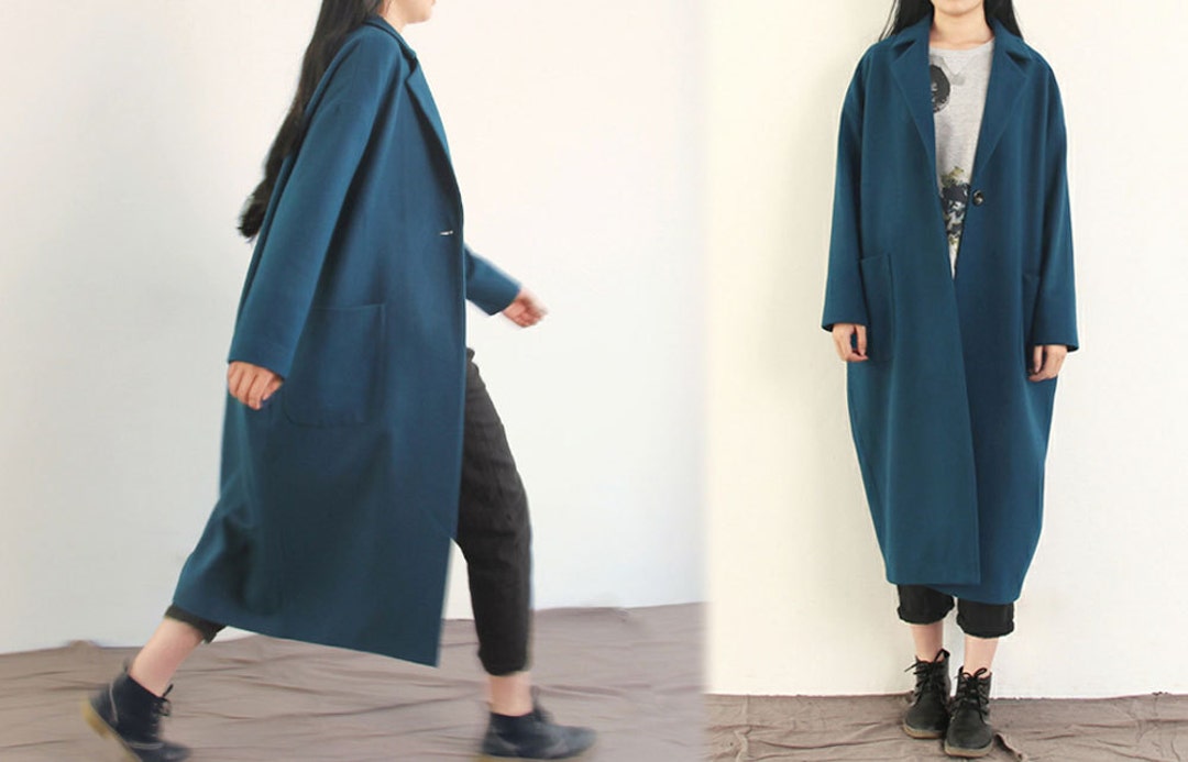 429---women's Wool Oversized Cocoon Coat, Vintage Style, Lake Blue Long ...