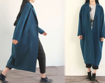 429---Women's Wool Oversized Cocoon Coat, Vintage Style, Lake Blue Long Coat, Trench Coat, Overcoat, Robe Coat, Wool Shell Coat.