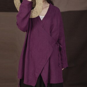 P098Chinese Style Linen Top / Linen Jacket, Modified Cheongsam Jacket, Fall Outerwear, Autumn Blouse, Made to Measure. Purple