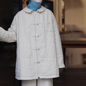 P303---Peter Pan Collar Linen Quilted Modified Chinese Coat, Beige Cozy Padding Jacket /Coat, Made to Order.