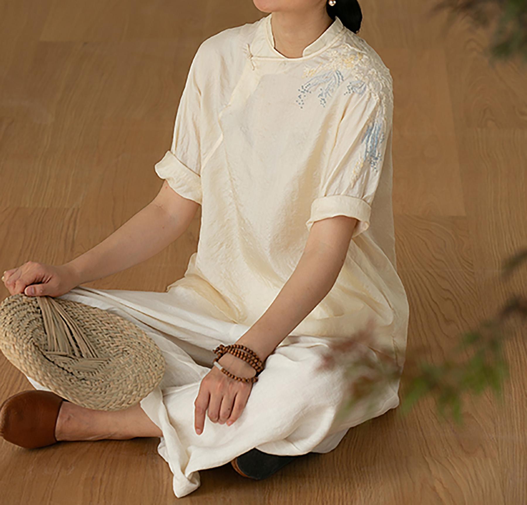 E119---tussah Silk Hand Embroidery Chinese Blouse, Tussah Wild
