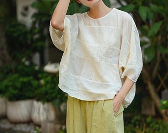 D240---Linen and Tussha Silk Patchwork Blouse, Patch Work Shirt, Boro Blouse, Made to Order.