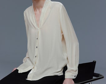 W078---Spring Blouse, Women's Silk Velvet Shirt in Cream White, Fall Victorian Blouse, Made to Order.