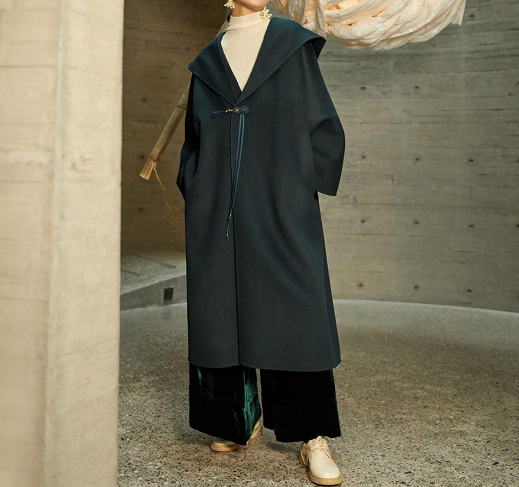 H205---women's Double Faced Wool Hooded Coat in Camel, Hand