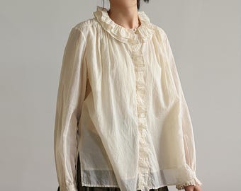 D291--- Victorian Inspired Cotton Muslin Ruffle Blouse, Double Layer Frilled Collar Cotton Gauzy Blouse, Made to Order.