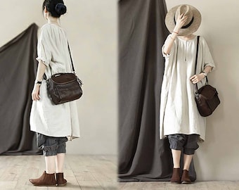 B050---Super Loose Brown Linen Tunic Dress, Natural Linen Dress, One Size Fits Many.