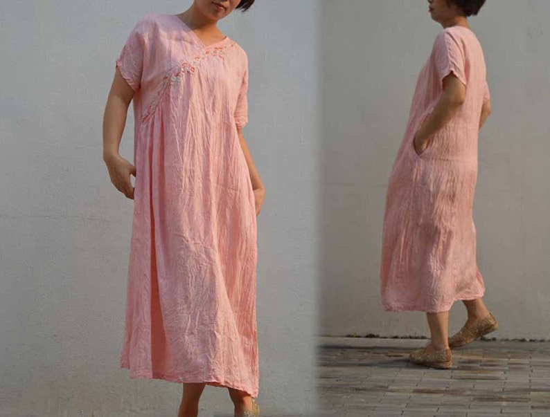 495Orange Pink Yarn Dyed Linen Dress with Hand Embroidery Etsy