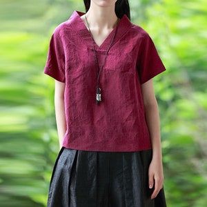 L016---Cracked Mud Silk V-neck Tee / Blouse in Rose Pink Color, Gambiered Silk Short Sleeve Modified Kimono Collar Top, Made to Order.