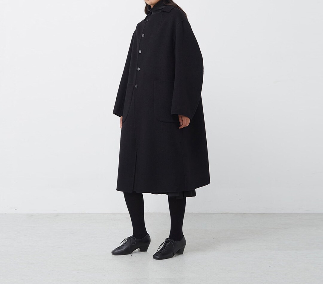V006---women's Double Faced Wool Cocoon Coat, Hand Stitched Black