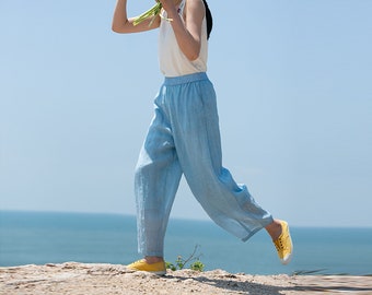E102---Thin High Count Ramie Pintuck Waist Lantern Pants in Blue, Summer Pants,  Made to Order.