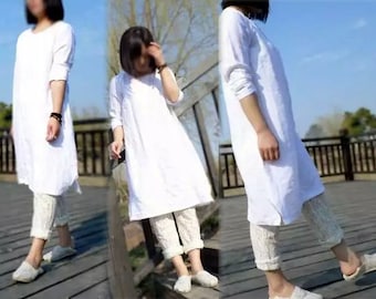 270---White Washed Linen Tunic Dress, Smock, Made to Measure.