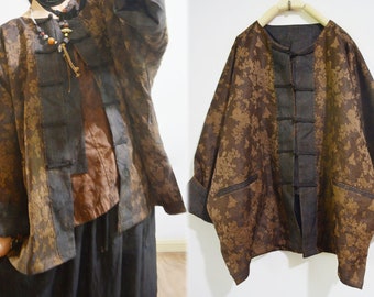 A958---Plant Dyed Silk Wool Blend Jacquard Chinese Jacket / Cheongsam Jacket, Fall Jacket, Fall Coat,  Made to Order.
