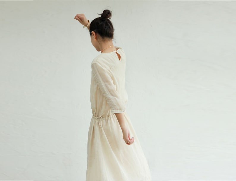 in Cream Color I022---High Counted Crinkled Ramie Dress Ankle Length Low Waist 34 Sleeves Made to Order.