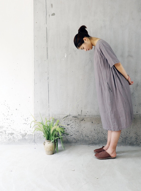 Z144---Washed Linen Dress, Rock Gray A-Line / Trapeze Dress / Swing Dress, Side Box Pleated Linen Summer Dress, Midi Dress
