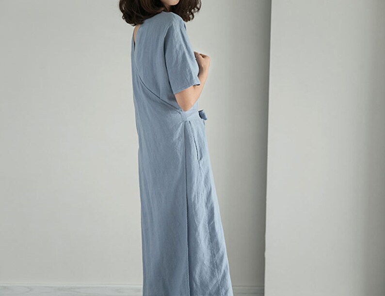Made to Order. V Neck Wrap Dress Versatile Back Side Front Maxi Robe Dress B43---Black Linen Tea Dress Foggy Blue Cocktail Dress