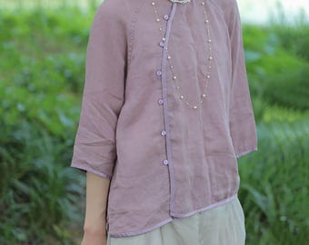 I111---Thin High Count Ramie Chinese Blouse in Pink, (Excluding Inner Slip), Made to Order.