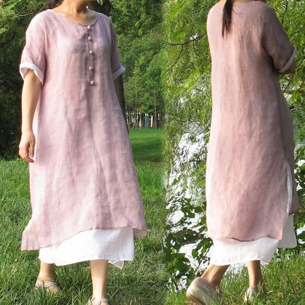 156---Lilac Thin Linen Robe/Dress, Purple Dress, Made to Order.