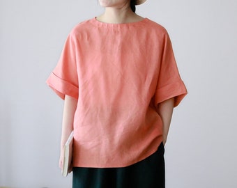 R008---Minimalist Linen Top, Orangish Red Linen Blouse, Made to Order.