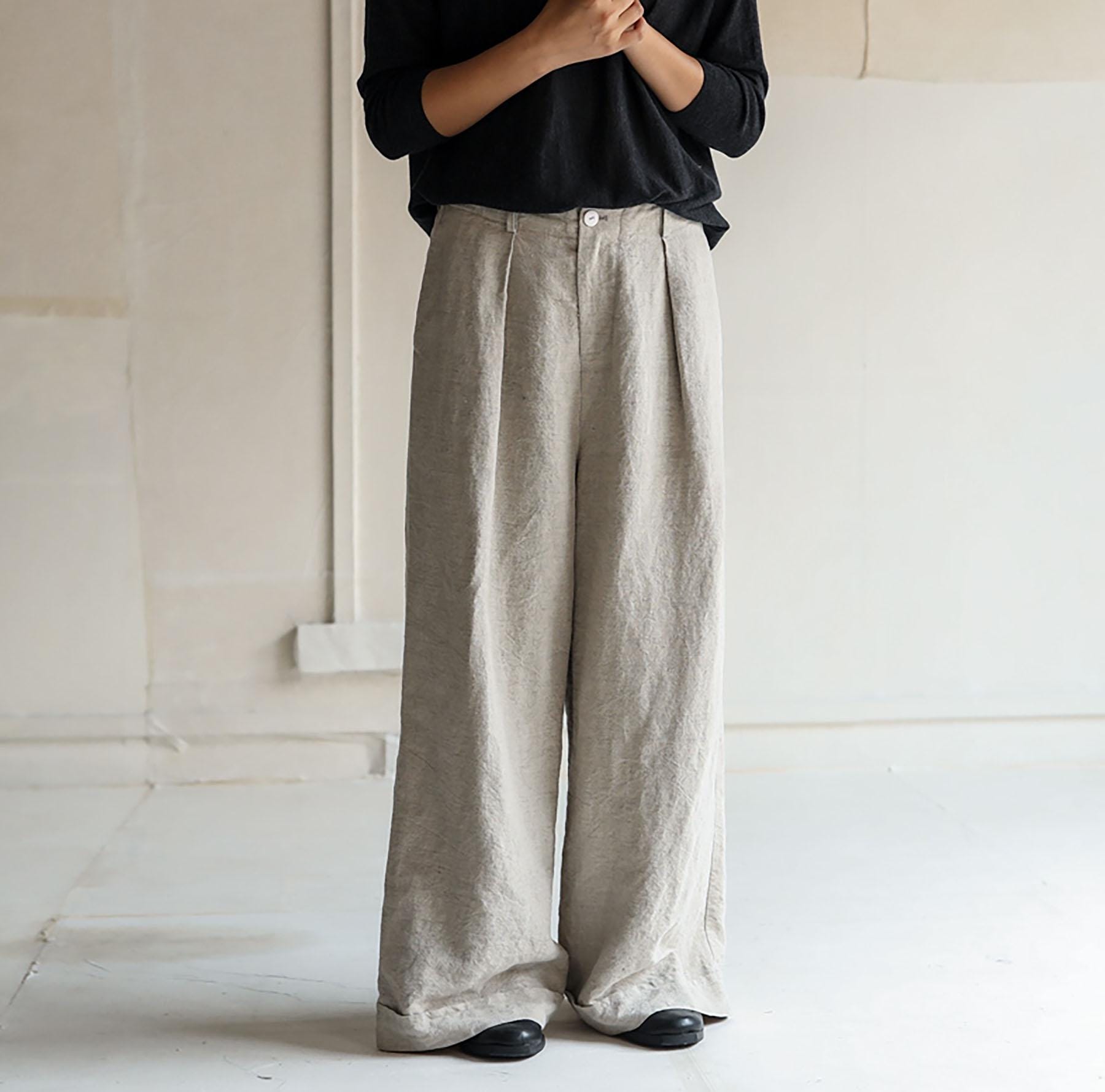 D097---wide Leg Flax Linen Pleated Pants With Detachable