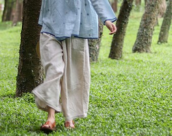 Q007---Flax Linen Wide Leg Pants / Culotte, Gaucho Pants, Yoga Pants, Skirt Pants, Pants Skirt, Skants.
