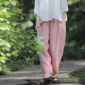 I112---Women High Count Linen Pants with Pockets, Girl&#39;s Pink Linen Trousers. Elegant, Casual Linen Crop Pants, Made to Order.