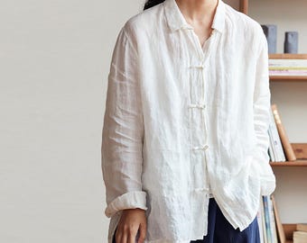 D330---White High Count Linen Blouse with Double Placket, Relaxed Flax Linen Collar Shirt, Linen Boho Shirt, Made to Order
